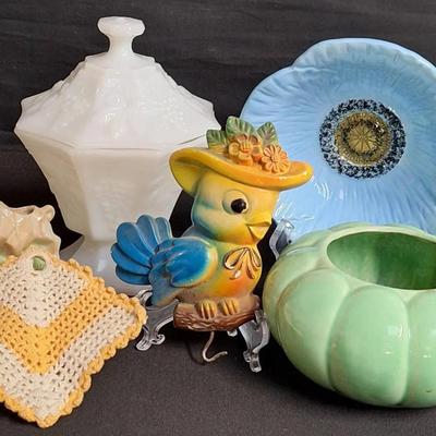 Vintage Anchor Hocking White Milk Glass Candy Dish, Vintage Chalkware Bluebird Hook, And More