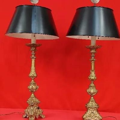 A Pair Of Candlestick Lamps 40" tall with Black Shades