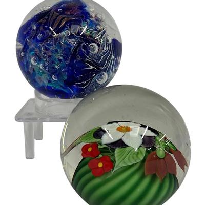 Orient & Flume Greg Held 1983 “Watermelon” Art Glass Paperweight + Blue Swirl Paperweight 