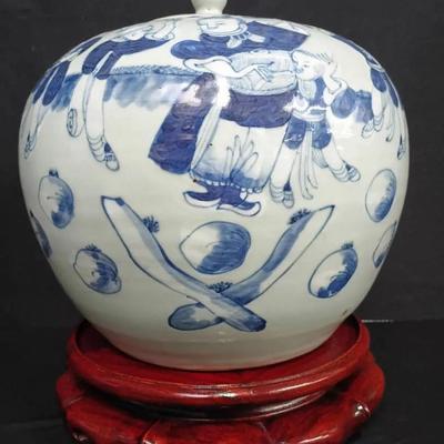 Antique Chinese Ginger Jar 1862-1875 / Symbols of a Long Life / Celadon Blue Glaze