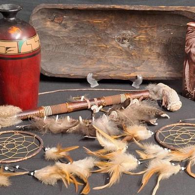 Native American Ceremonial Pipe, Signed Mexican Pottery Balcar Red Vase, And More