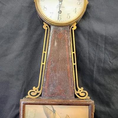 Early 19th Century Sessions Banjo Clock With Clipper Ship Scene