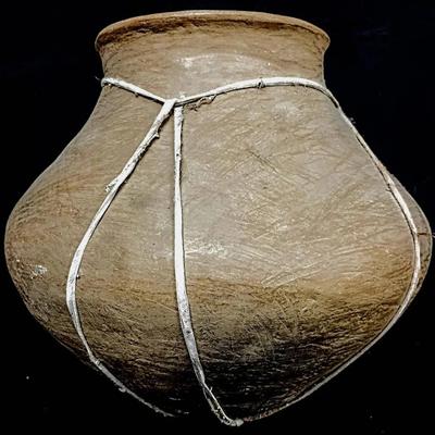 Handcrafted Clay Storage Vessel with Rawhide Reinforcement