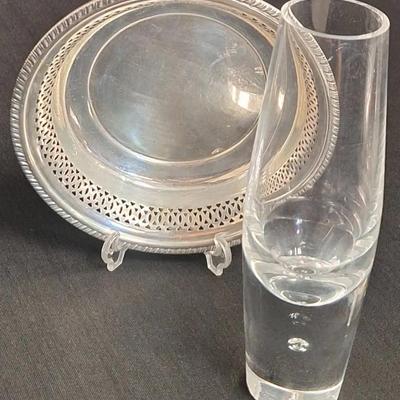 Signed Steuben Tear Drop Bud Vase / Sterling Pierced Edge Trinket Dish (42g)