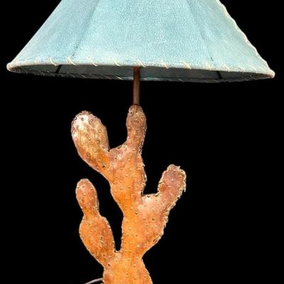 Southwestern Metal Cactus Lamp w/Turquoise Stitched Shade