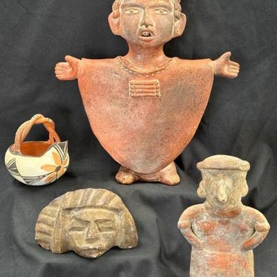 Mexican Mayan Priest Terracotta & Signed Native American Pottery