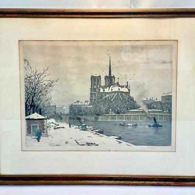 Tavik F. Simon (Czech Republic, Color Etching of Notre Dame in Winter, Signed and Numbe