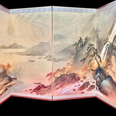 Japanese Four-Panel Folding Screen – Hand-Painted Mountain & Waterfall Landscape