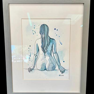 Original Watercolor Drawing “Seated Nude in Blue” – Signed “Vanilla”