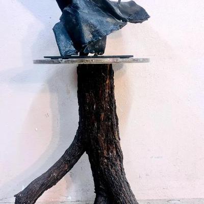 Abstract Metal Sculpture on Fossil Stone & Mesquite Table