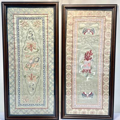 Pair of Framed Chinese Silk Embroideries – Floral and Symbolic Motifs