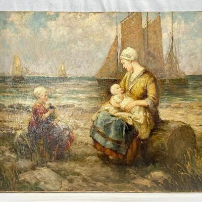 Original Antique Oil Painting On Canvas — “At The Seashore” Signed Frederick G. Grust C. 1900