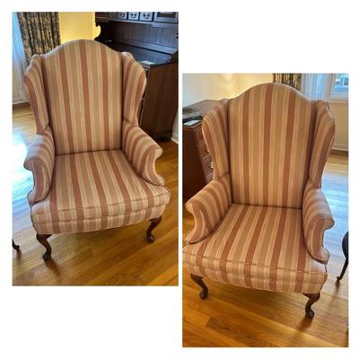 Pair of Sherrill Furniture Pink & Cream Striped Wing Back Chairs
