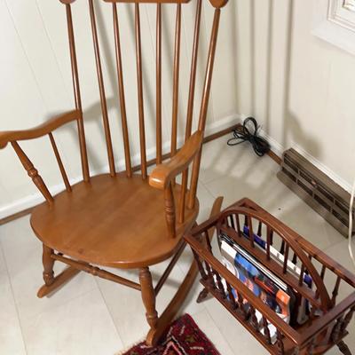 Wooden Rocking Chair And Vintage Magazine Rack