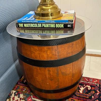 Wooden Barrel With Metal Bands W/ Plexiglass Top