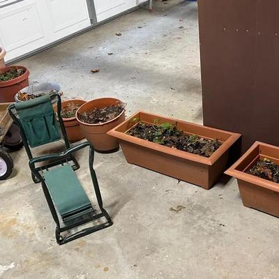 Lot Of Vinyl Planters W/ Soil, Wooden Gardening Wagon And More