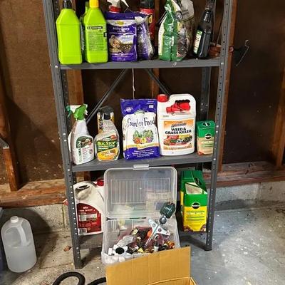 Lot Of Lawn & Garden Supplies + Metal Shelving Unit