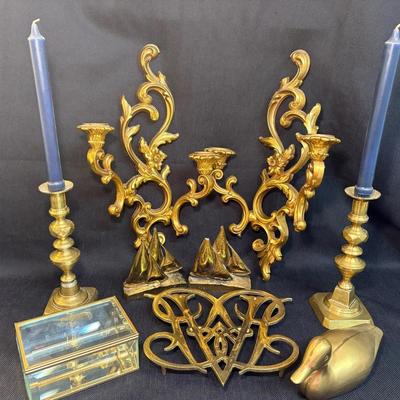 Brass Decor-VMC Trivet, Duck, Sailboat Bookends, Candle Sticks