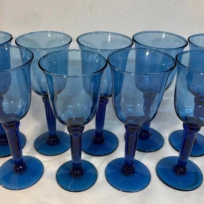 Set Of 9 Blue Hand Blown Goblets, 4 Blue/Clear Goblets