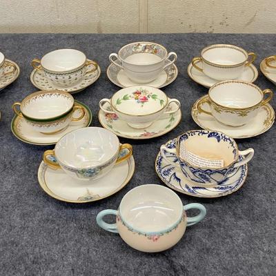 Limoges, 1880s W.A.A. & Co., and Other Bouillon Cup and Saucer Sets