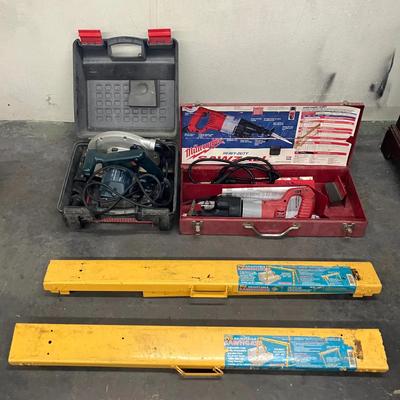 Adjustable Sawhorses, Black & Decker Circular Saw, and Milwaukee Heavy-Duty Sawzall