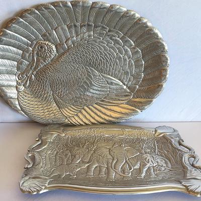 Arthur Court Designs Elephant Oblong Tray and Turkey Aluminum Platter Set, circa 1987/88