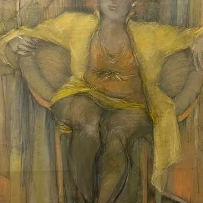 Robert Plisnier-Style Pastel Drawing of a Woman on a Chair, Framed