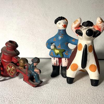 Antique Cast Iron Fire Engine & Dymkovo Russian Folk Art Boy and Cow Toy Figures