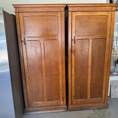 Pair of Antique Quarter-Sawn Oak Wardrobes w/ Mirror Doors | Matching Storage Cabinets