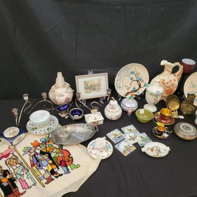 European Ceramics & Art Nouveau Metalware & Bisque Santa | Delft Tiles, Carleton Ware, Candelabras