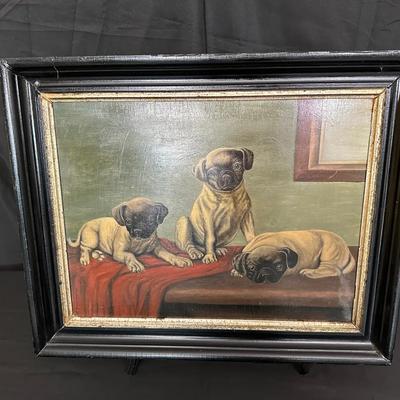 “Three Pugs on Red Cloth” Oil on Canvas | European School Style | Framed Vintage Dog Painting