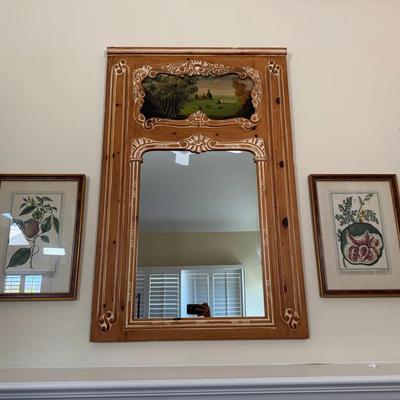 French Trumeau Mirror w/ Oil Paint And Two Pastoral Scene Prints