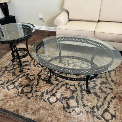 Glass Top Coffee Table & Matching End Table Set | Black Metal Lattice Bases