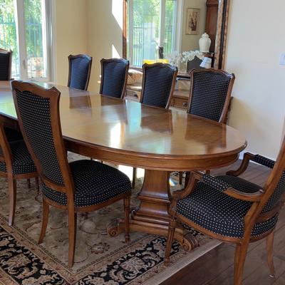 Solid Wood Double Pedestal Dining Table | 3 Leafs, Table Pads,  2 Arm Chairs & 8 Chairs