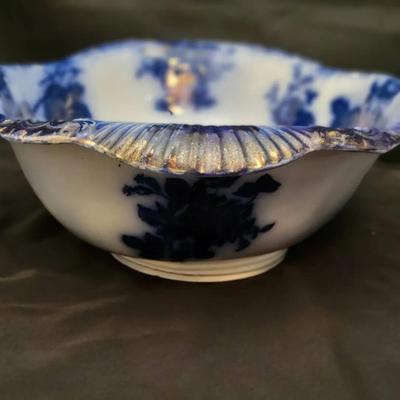 Flow Blue Scalloped Serving Bowl with Gilt Accents | Antique Ironstone