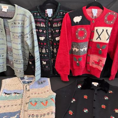 Blueberry Woolens & Talbots Holiday Cardigans and Vest | 5 Piece Knitwear Lot