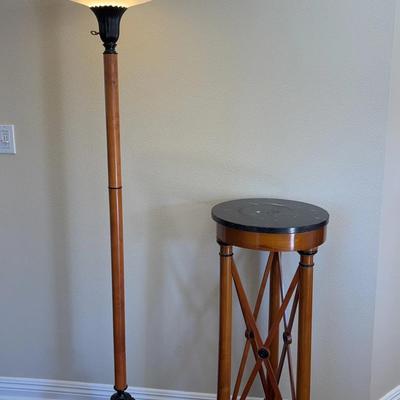 Regency-Style Mahogany Pedestal Plant Stand With Marble Top & Torchiere Lamp