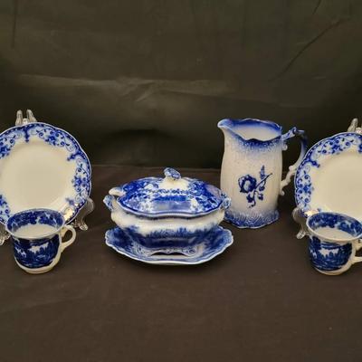 Flow Blue Tableware Lot | Johnson Bros “Jewel” | Plates, Tureen & Pitcher