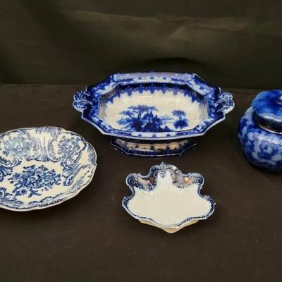 Flow Blue China Serving Pieces | Mixed Makers | 4 Decorative Bowls & Jar