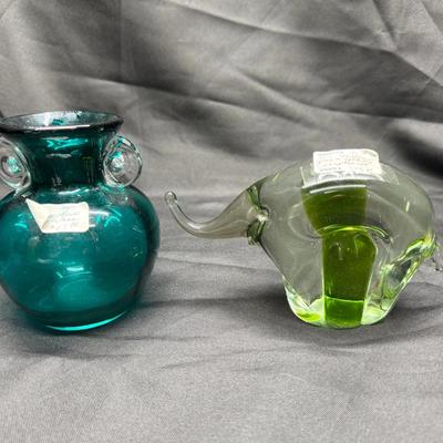 Murano Art Glass Lot | Green Elephant Figurine & Teal Vase with Applied Handles