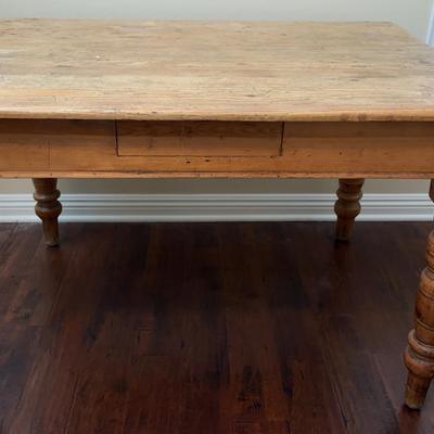Victorian Pine Farmhouse Table w/ Turned Legs and Single Drawer