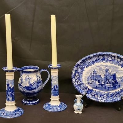 Blue & White Transferware Decor Set | Ferrara Platter, Jug, Candlesticks & Mini Vase