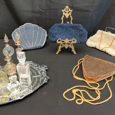 Vanity Perfume Bottle Set with Mirrored Tray & 4 Beaded Evening Clutches