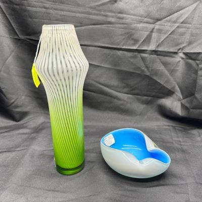 Murano Art Glass Vase & Bowl | Green/White Swirled Vase & Blue Interior Sculptural Bowl