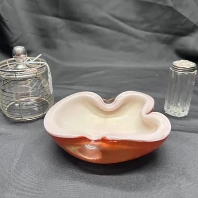 Murano Barbini Style Glass Bowl | Sterling Silver Shaker & Sterling Mustard Jam Pot