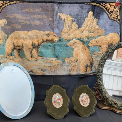 Polar Bear Tapestry, Pair Micro Mosaic Florals & Vintage Vanity Mirrors | Decorative Home Décor Lot
