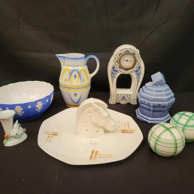 Vintage Art Deco & Mid-Century Ceramics Lot | Pitcher, Clock, Bowl, Shakers & Figurines
