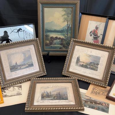 Mixed Artwork Lot | 19th C. Hand-Colored Engravings, Art Deco Prints, Silhouette & Painting
