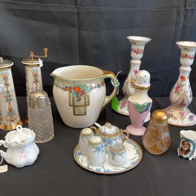 Assorted Hand Painted Vintage Pitchers, Salt & Pepper Shakers, Candlestande | Belleek, Lusterware