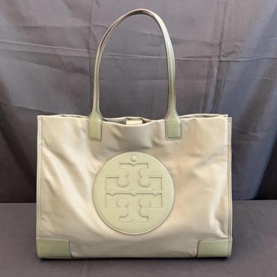 Tory Burch Nylon Ella Tote Handbag Bag | Olive Green W/ Leather Trim | Authenticated
